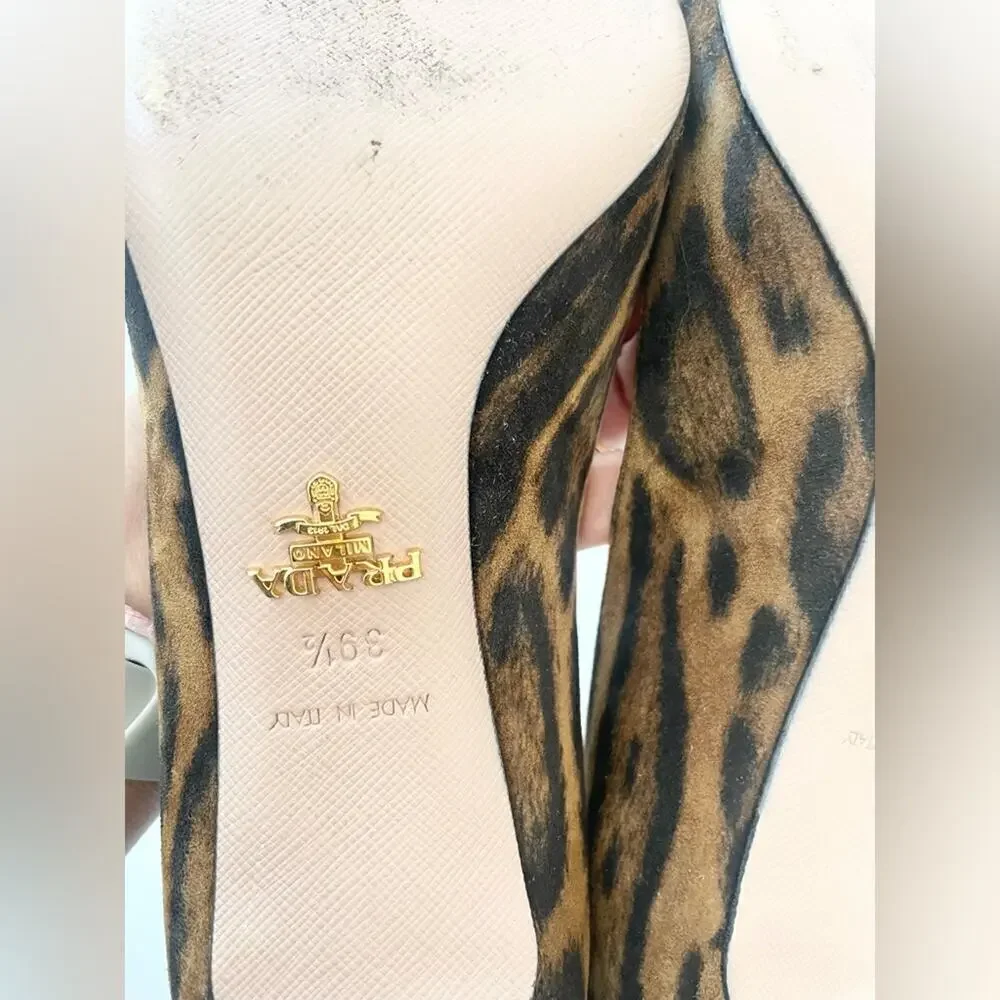 Prada Black Brown leather Calf Hair Leopard Print pointed toe pumps EU 39.5